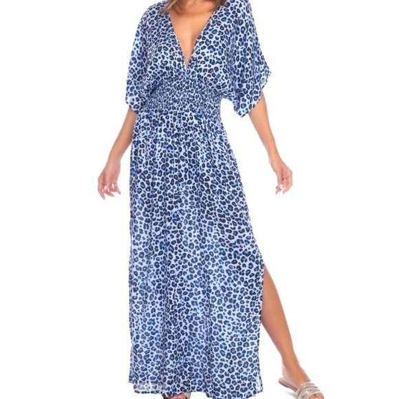 Raviya Dress Beach Resort Cover Up Navy Animal Print Side Slits Popover S New - Picture 1 of 11